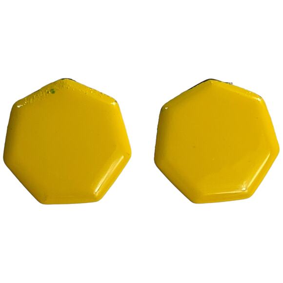 Vintage Yellow Hexagon Metal Clip-On Stud Button Earrings - Retro 80s - Picture 2 of 8